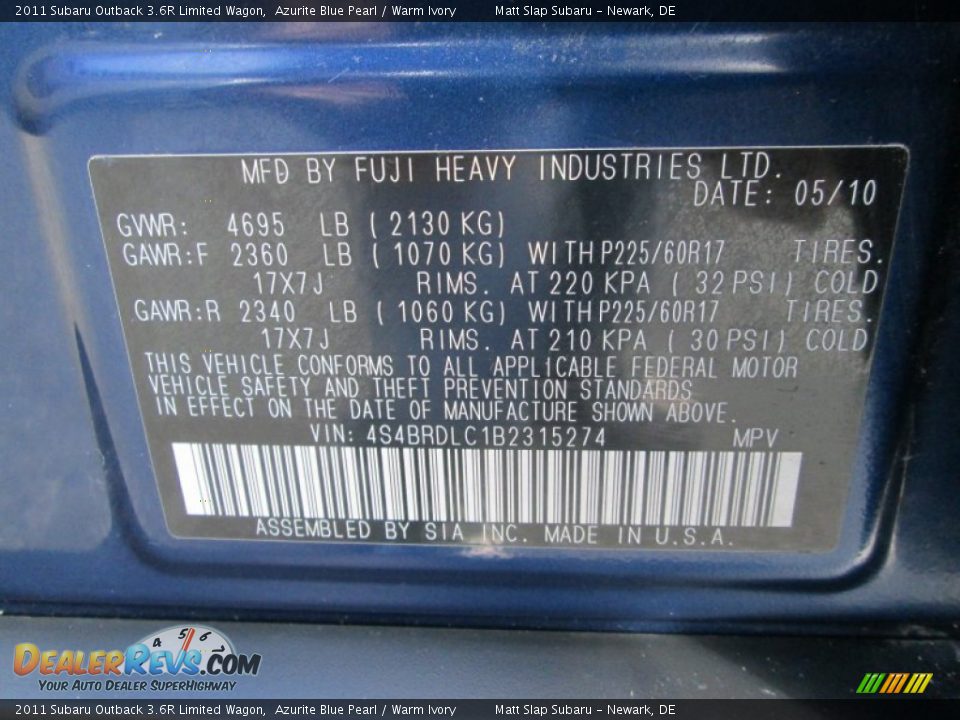 2011 Subaru Outback 3.6R Limited Wagon Azurite Blue Pearl / Warm Ivory Photo #31