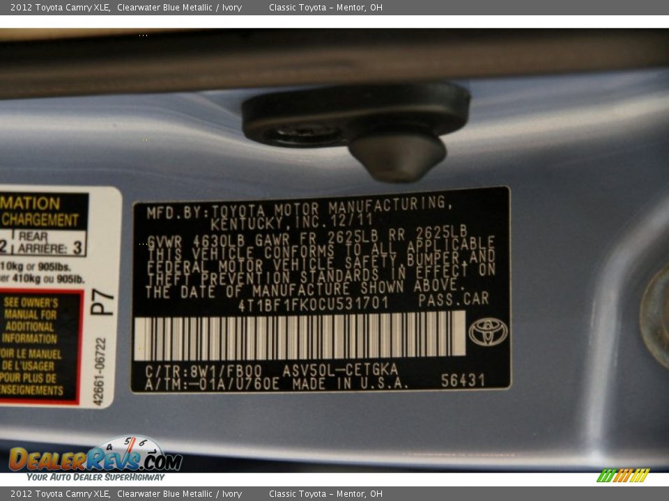 2012 Toyota Camry XLE Clearwater Blue Metallic / Ivory Photo #20