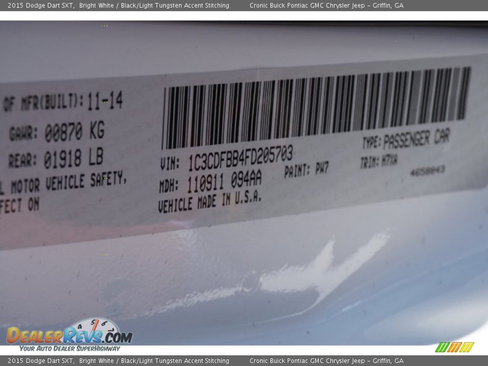 2015 Dodge Dart SXT Bright White / Black/Light Tungsten Accent Stitching Photo #17