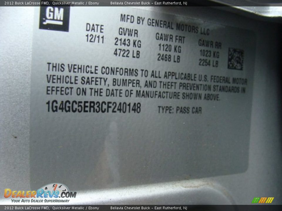 2012 Buick LaCrosse FWD Quicksilver Metallic / Ebony Photo #15
