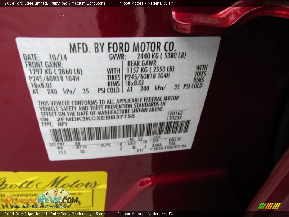 2014 Ford Edge Limited Ruby Red / Medium Light Stone Photo #35