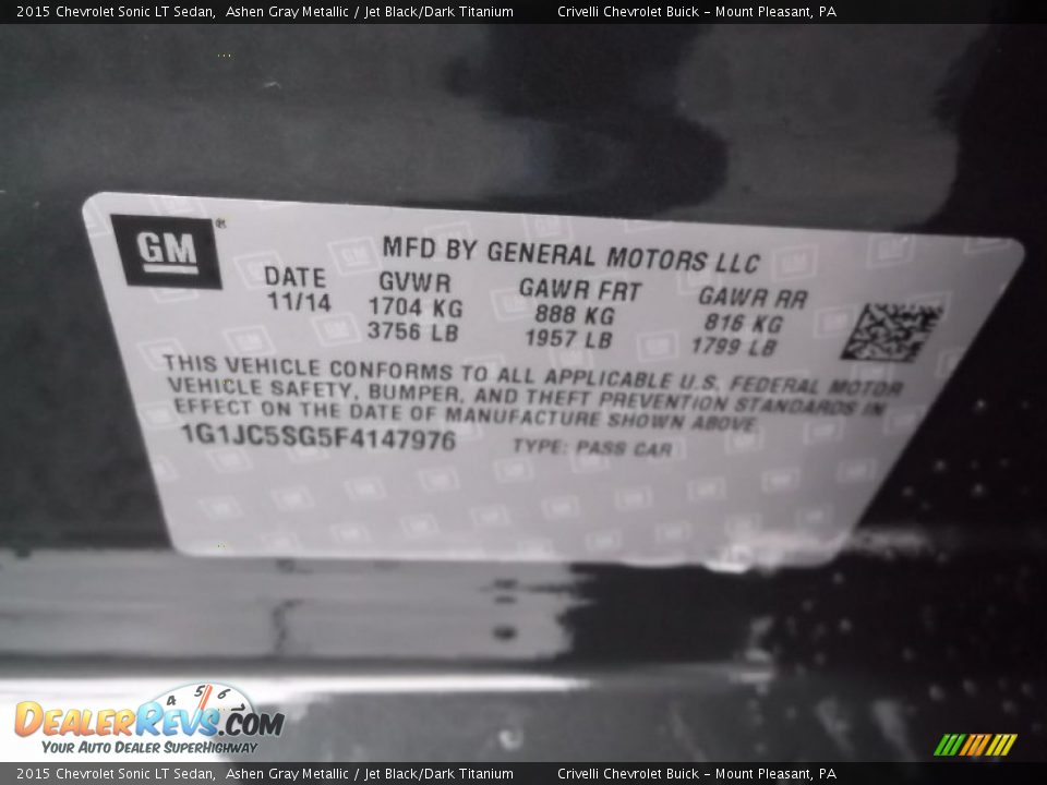 2015 Chevrolet Sonic LT Sedan Ashen Gray Metallic / Jet Black/Dark Titanium Photo #20