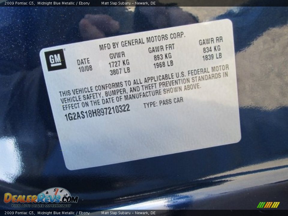 2009 Pontiac G5 Midnight Blue Metallic / Ebony Photo #27