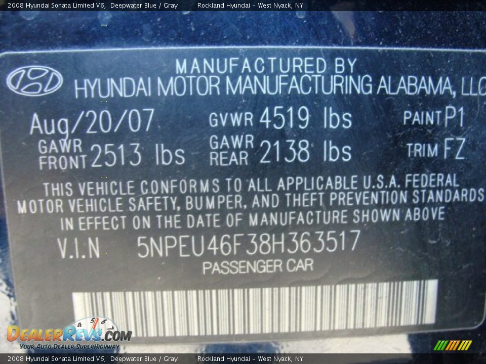 2008 Hyundai Sonata Limited V6 Deepwater Blue / Gray Photo #30