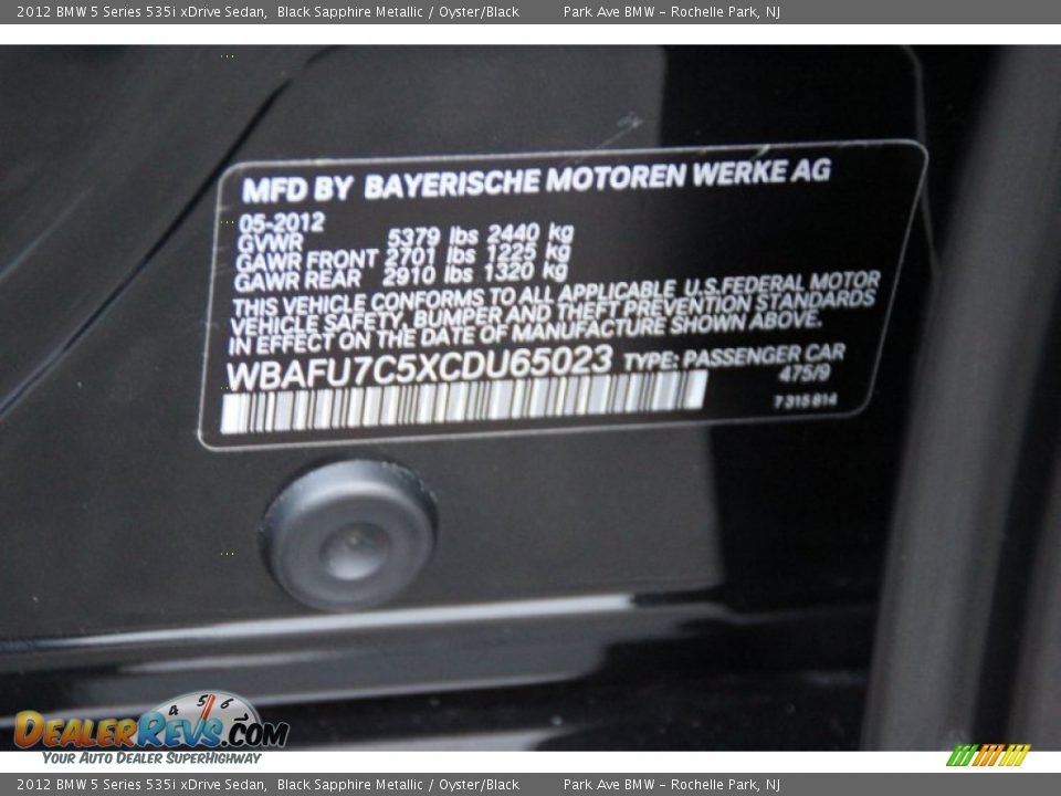 2012 BMW 5 Series 535i xDrive Sedan Black Sapphire Metallic / Oyster/Black Photo #35