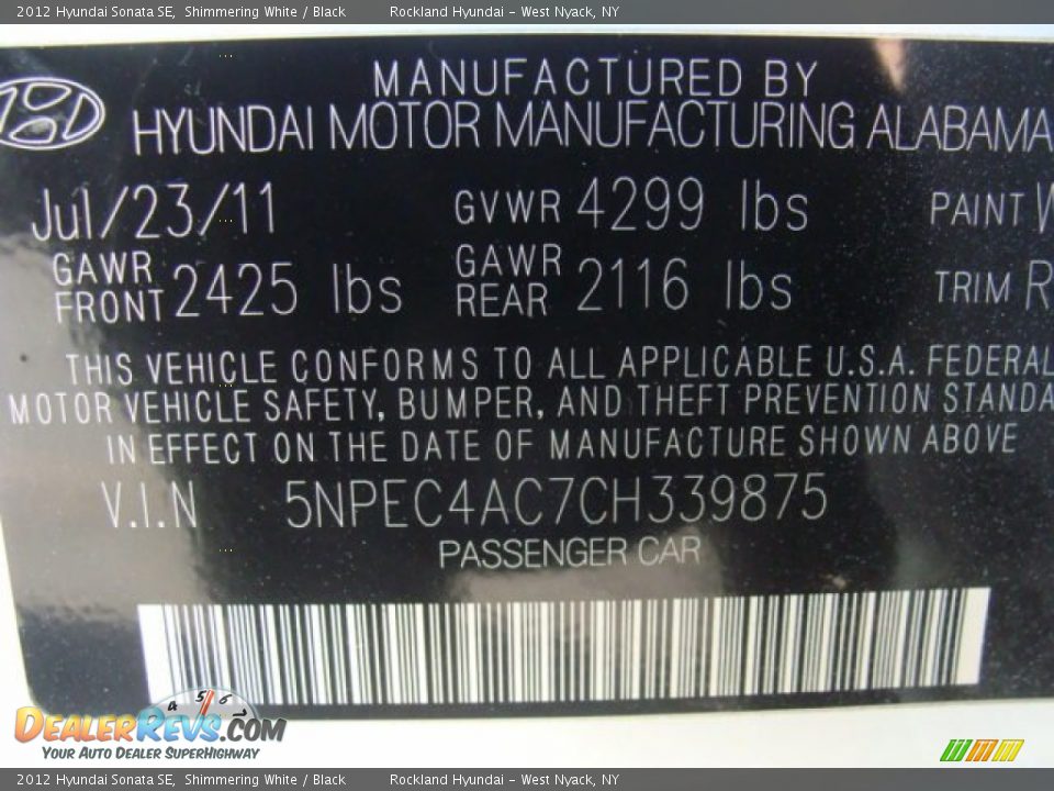 2012 Hyundai Sonata SE Shimmering White / Black Photo #31