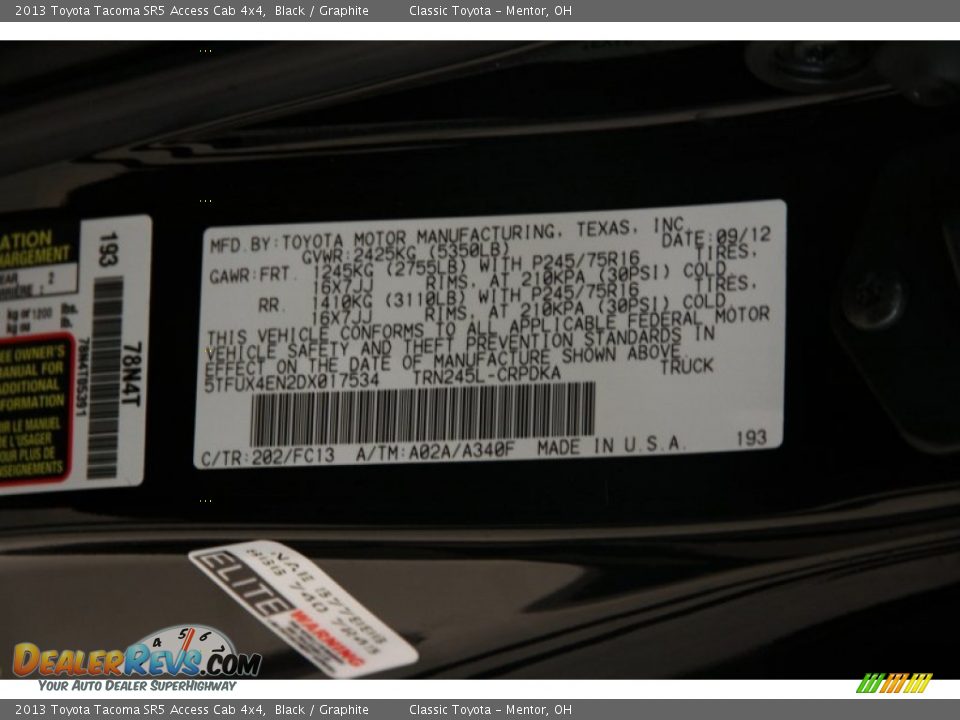 2013 Toyota Tacoma SR5 Access Cab 4x4 Black / Graphite Photo #19