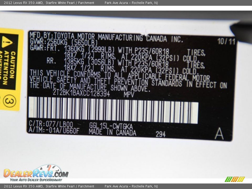 2012 Lexus RX 350 AWD Starfire White Pearl / Parchment Photo #36