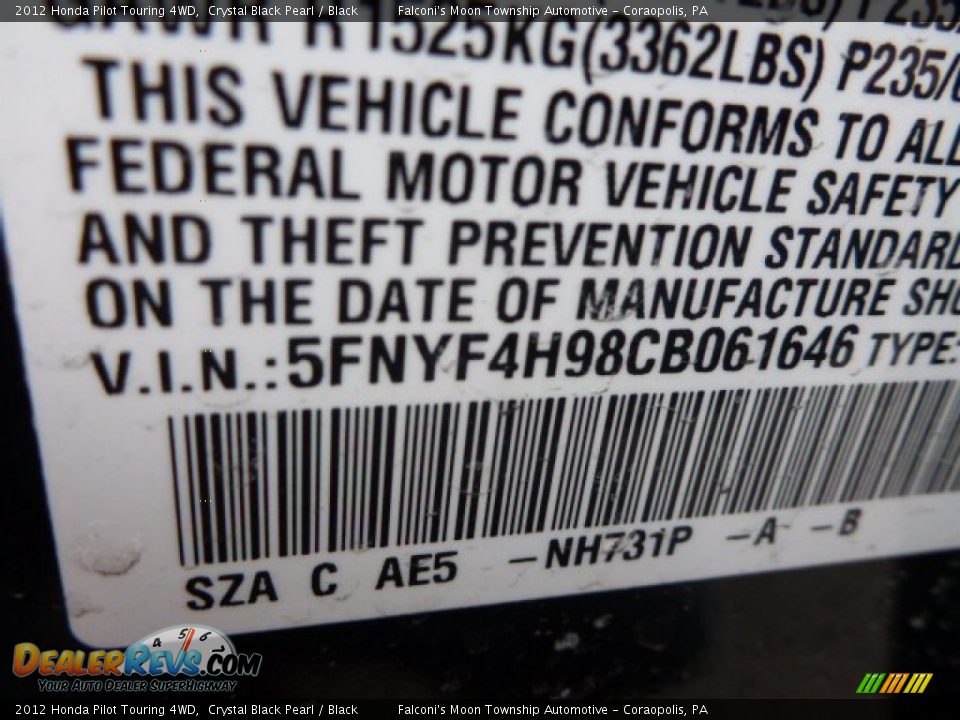2012 Honda Pilot Touring 4WD Crystal Black Pearl / Black Photo #19