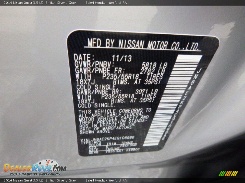 2014 Nissan Quest 3.5 LE Brilliant Silver / Gray Photo #23