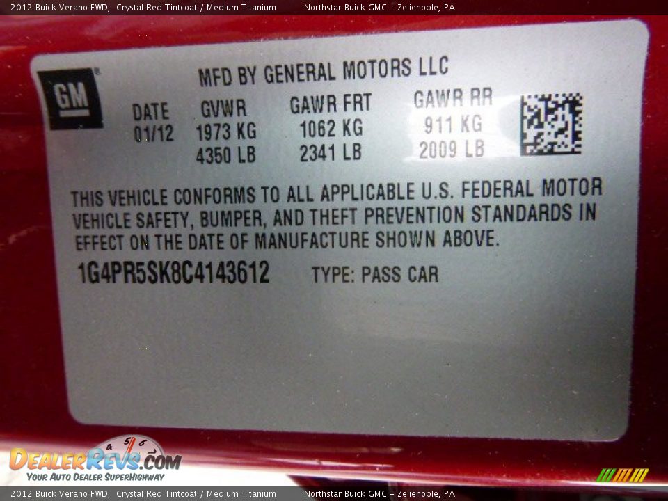 2012 Buick Verano FWD Crystal Red Tintcoat / Medium Titanium Photo #19