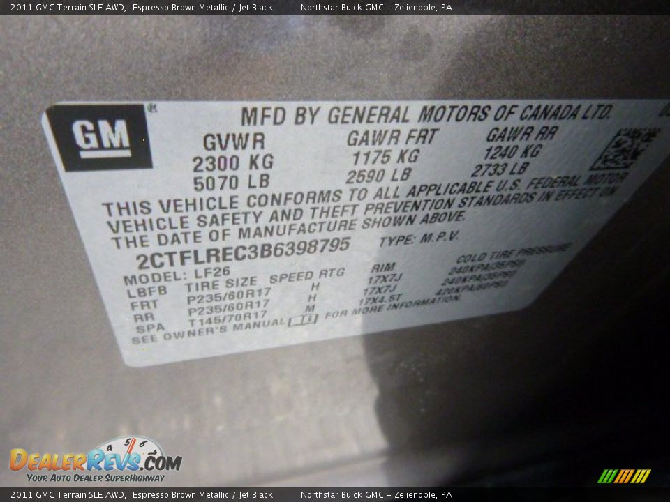 2011 GMC Terrain SLE AWD Espresso Brown Metallic / Jet Black Photo #18