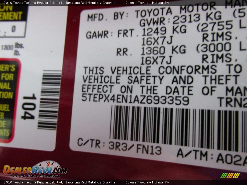 2010 Toyota Tacoma Regular Cab 4x4 Barcelona Red Metallic / Graphite Photo #10