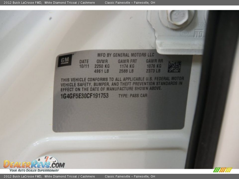 2012 Buick LaCrosse FWD White Diamond Tricoat / Cashmere Photo #14