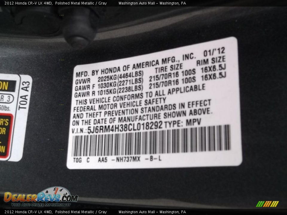 2012 Honda CR-V LX 4WD Polished Metal Metallic / Gray Photo #19