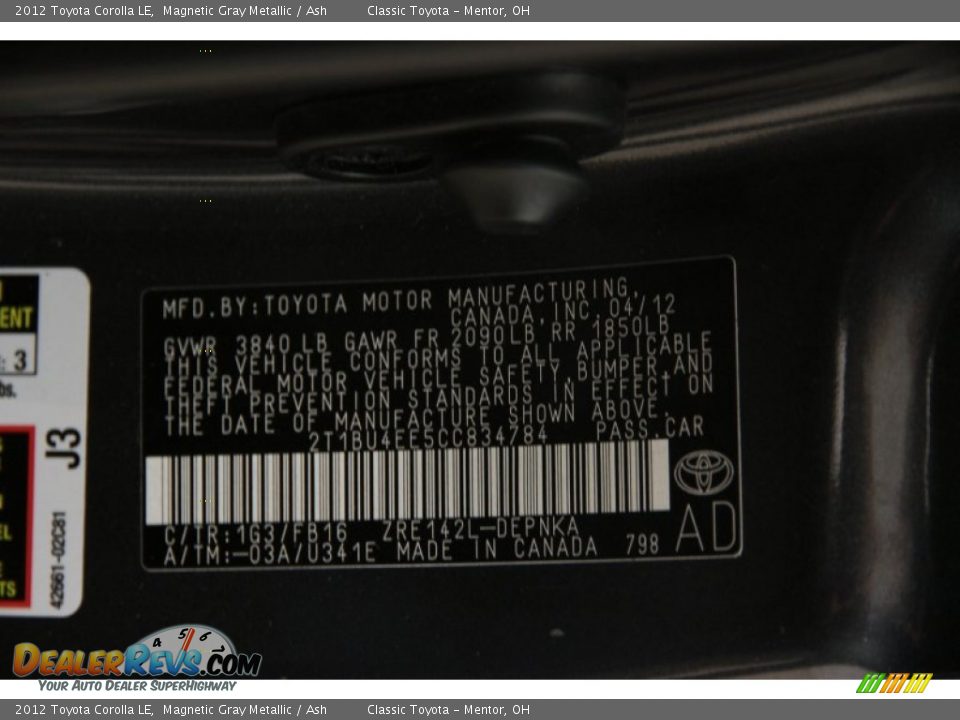 2012 Toyota Corolla LE Magnetic Gray Metallic / Ash Photo #17