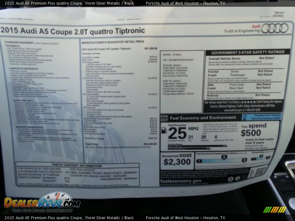 2015 Audi A5 Premium Plus quattro Coupe Floret Silver Metallic / Black Photo #24