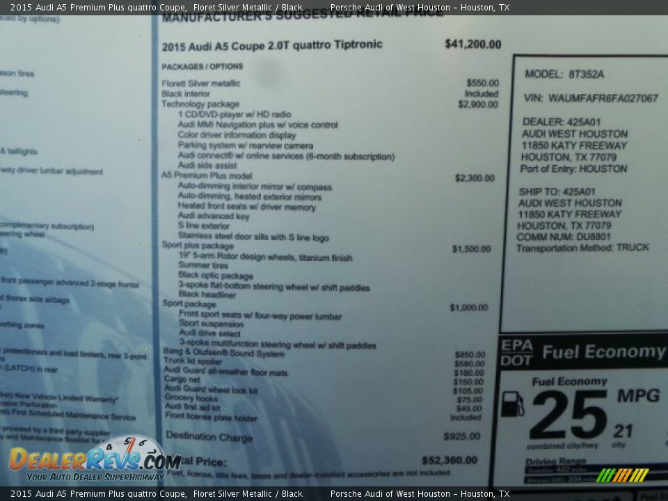 2015 Audi A5 Premium Plus quattro Coupe Floret Silver Metallic / Black Photo #25