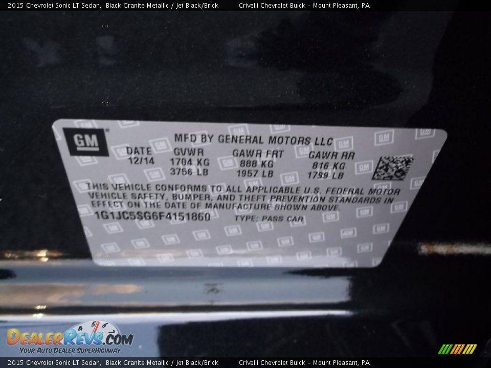 2015 Chevrolet Sonic LT Sedan Black Granite Metallic / Jet Black/Brick Photo #20