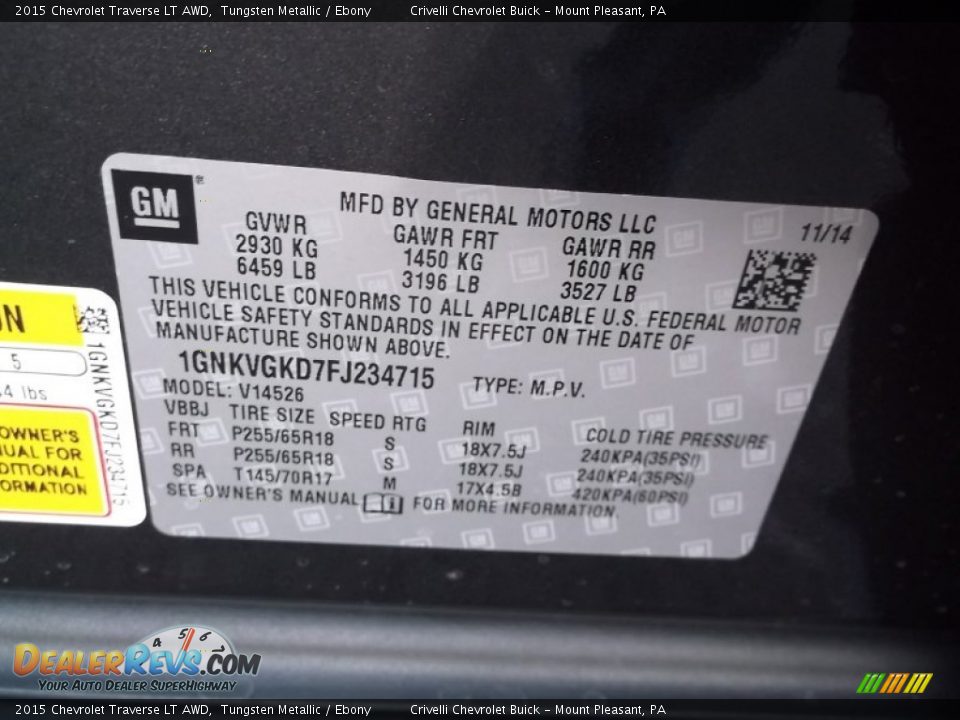 2015 Chevrolet Traverse LT AWD Tungsten Metallic / Ebony Photo #20