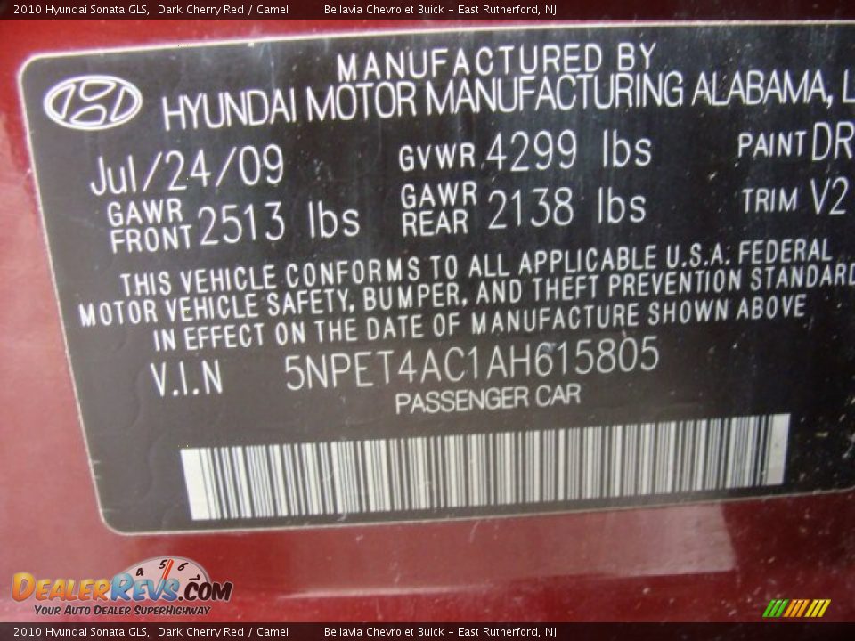 2010 Hyundai Sonata GLS Dark Cherry Red / Camel Photo #15