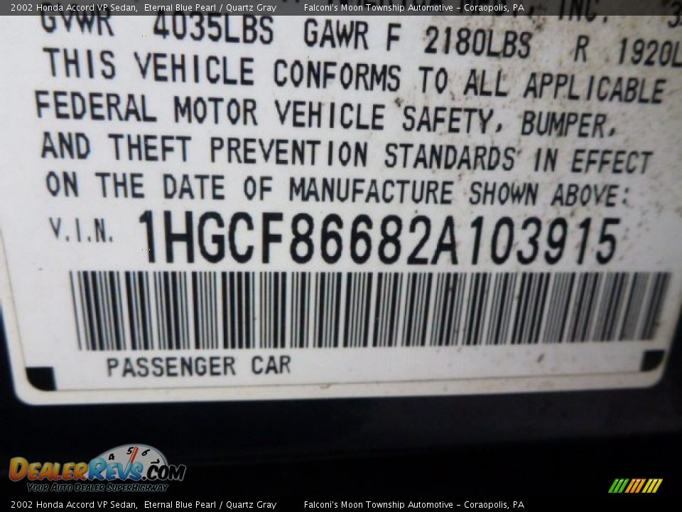 2002 Honda Accord VP Sedan Eternal Blue Pearl / Quartz Gray Photo #18