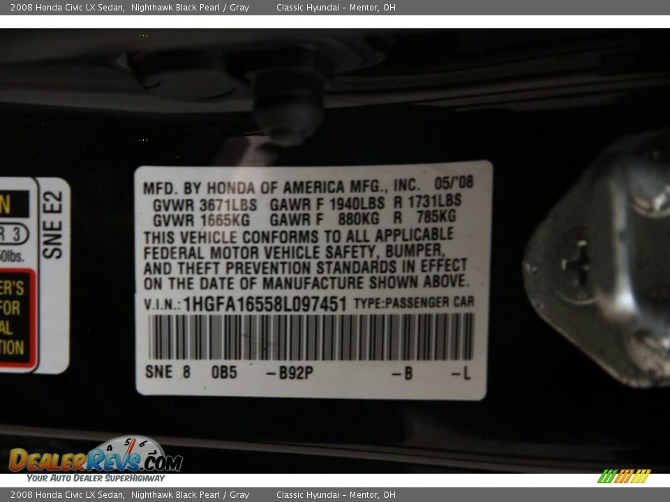 2008 Honda Civic LX Sedan Nighthawk Black Pearl / Gray Photo #16