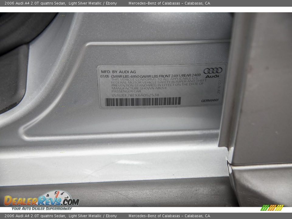 2006 Audi A4 2.0T quattro Sedan Light Silver Metallic / Ebony Photo #21