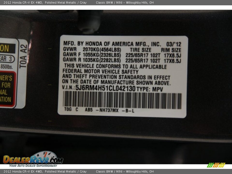 2012 Honda CR-V EX 4WD Polished Metal Metallic / Gray Photo #26