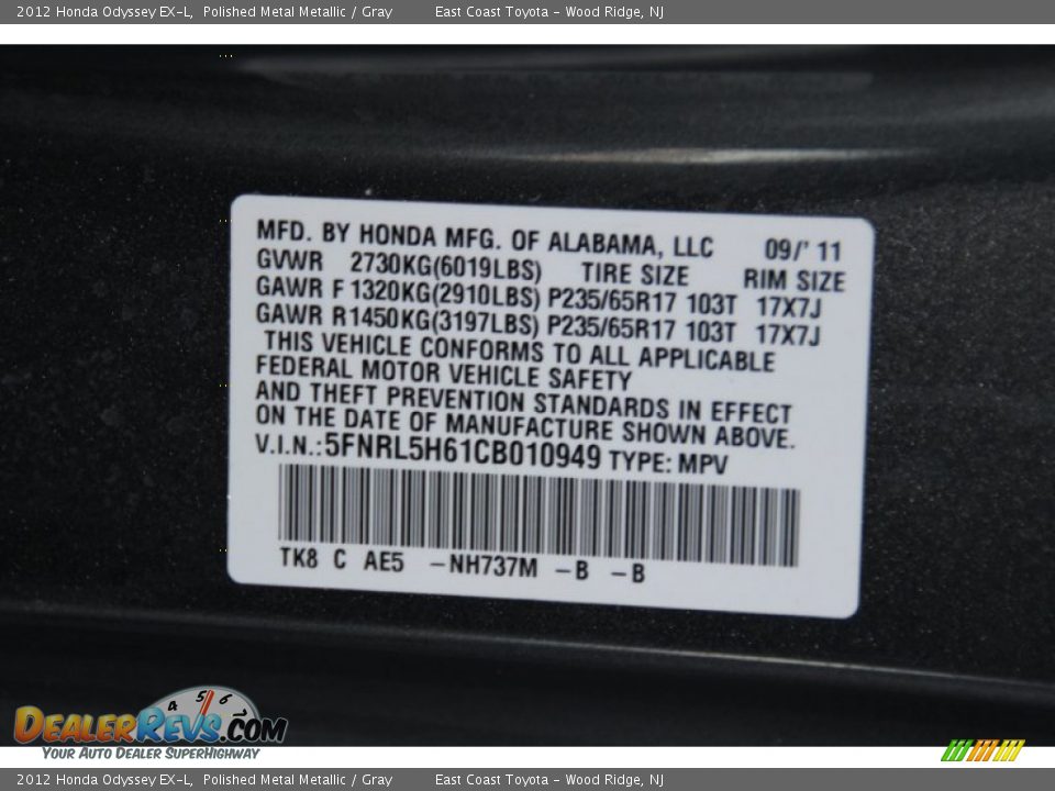 2012 Honda Odyssey EX-L Polished Metal Metallic / Gray Photo #33