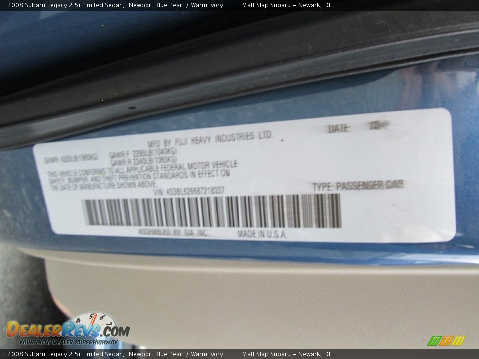 2008 Subaru Legacy 2.5i Limited Sedan Newport Blue Pearl / Warm Ivory Photo #29