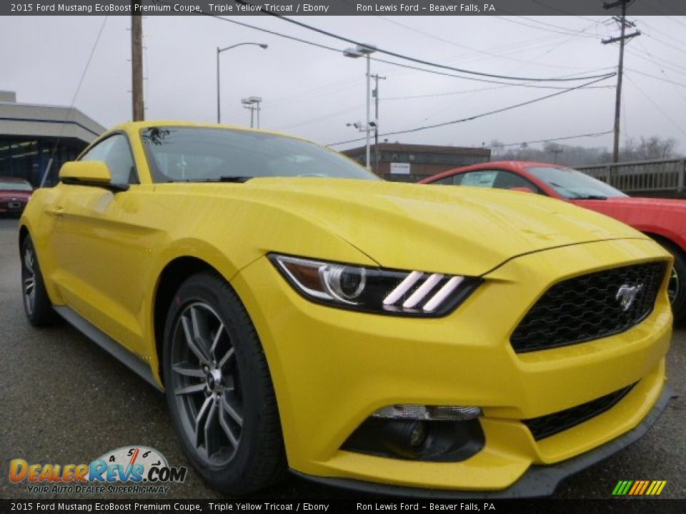 2015 Ford Mustang EcoBoost Premium Coupe Triple Yellow Tricoat / Ebony Photo #2
