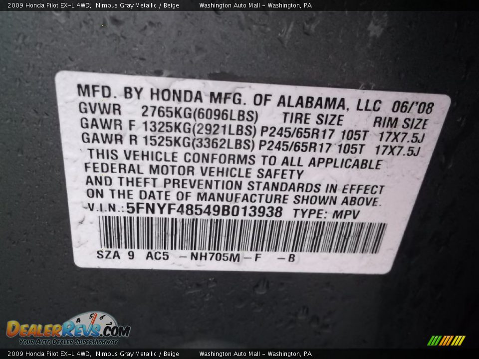 2009 Honda Pilot EX-L 4WD Nimbus Gray Metallic / Beige Photo #19
