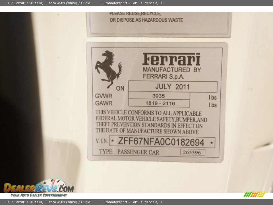 Info Tag of 2012 Ferrari 458 Italia Photo #28