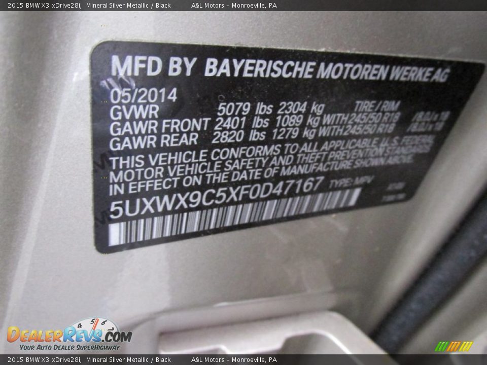 2015 BMW X3 xDrive28i Mineral Silver Metallic / Black Photo #19