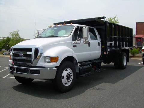 Oxford White Ford F750 Super Duty XLT Chassis Crew Cab Dump Truck.  Click to enlarge.