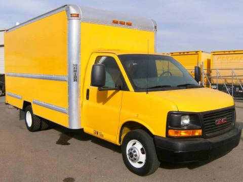 Yellow GMC Savana Cutaway 3500 Commercial Moving Truck.  Click to enlarge.