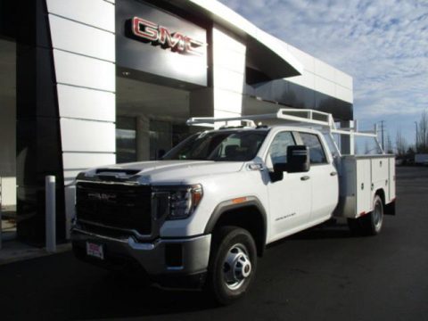 Summit White GMC Sierra 3500HD Crew Cab 4WD Chassis Dump Truck.  Click to enlarge.