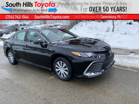 Midnight Black Metallic Toyota Camry LE Hybrid.  Click to enlarge.