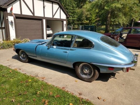 Opalescent Silver Blue Jaguar E-Type XKE 4.2 Fixed Head Coupe.  Click to enlarge.