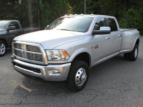 Bright Silver Metallic Dodge Ram 3500 HD Laramie Crew Cab 4x4 Dually.  Click to enlarge.