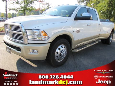 Bright White Dodge Ram 3500 HD Laramie Longhorn Crew Cab 4x4 Dually.  Click to enlarge.