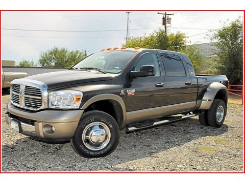 Dark Khaki Pearl Dodge Ram 3500 Laramie Mega Cab 4x4 Dually.  Click to enlarge.