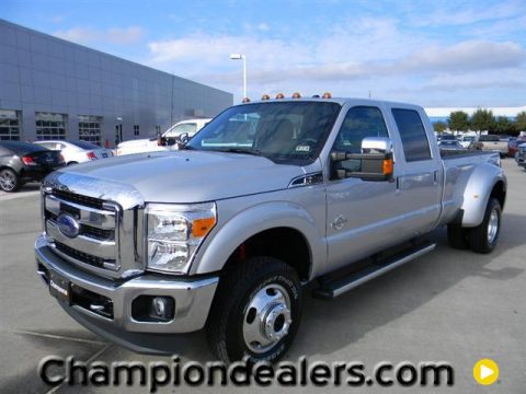 Ingot Silver Metallic Ford F350 Super Duty Lariat Crew Cab 4x4 Dually.  Click to enlarge.