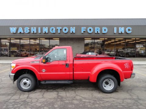 Vermillion Red Ford F350 Super Duty XLT Regular Cab 4x4 Dually.  Click to enlarge.