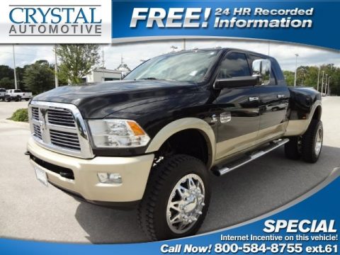 Brilliant Black Crystal Pearl Dodge Ram 3500 HD Laramie Longhorn Mega Cab 4x4 Dually.  Click to enlarge.