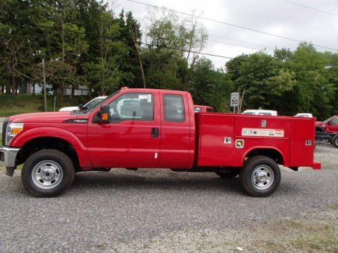 Vermillion Red Ford F550 Super Duty XLT SuperCab 4x4 Utility Truck.  Click to enlarge.