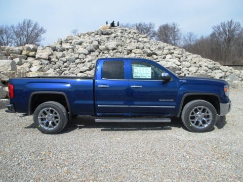 Cobalt Blue Metallic GMC Sierra 1500 SLT Double Cab 4x4.  Click to enlarge.