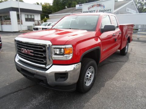 Fire Red GMC Sierra 2500HD Double Cab 4x4 Utility Truck.  Click to enlarge.